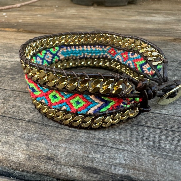 NWOT✨ Boho Western Colorful Macrame Gold Chain & Leather Friendship Bracelet - Picture 7 of 16